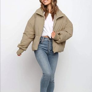 Womens puffer coat Khaki long sleeve zip puffer jacket baggy shirt down coat